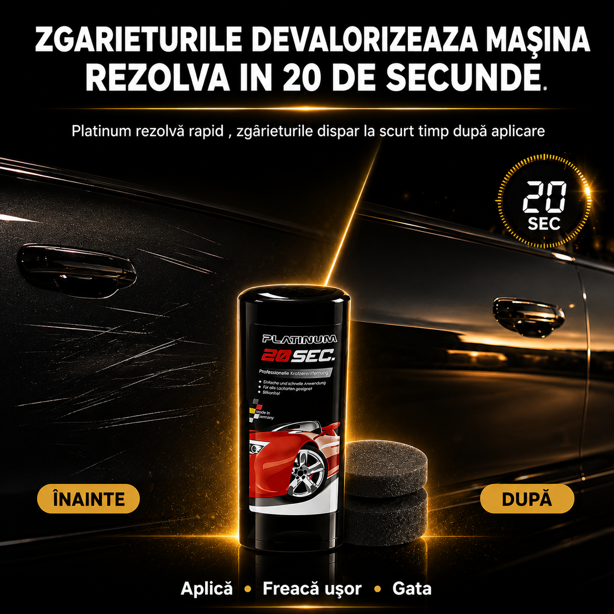 Platinum 20 Seconds — Soluție Eliminare Zgârieturi Auto cu Burete Special